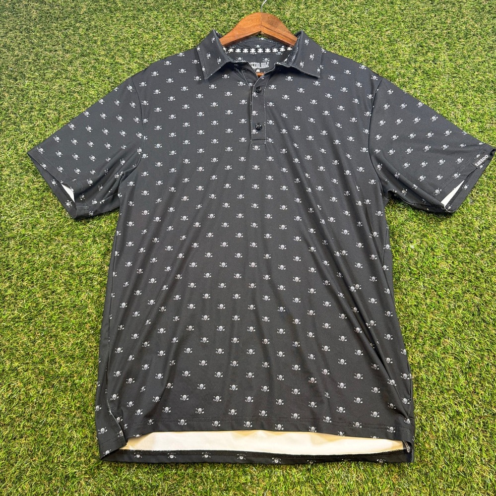 Tattoo Golf Performance Polo Shirt Mens Medium Black Skull Crossbones Print